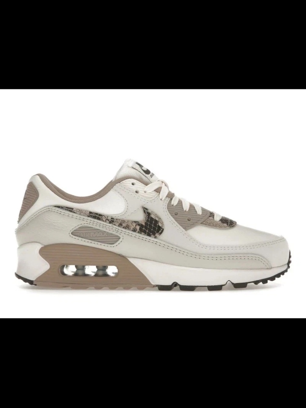 Nike Women’s Air Max 90 Sneaker in White and Taupe with Snake-Print Swoosh